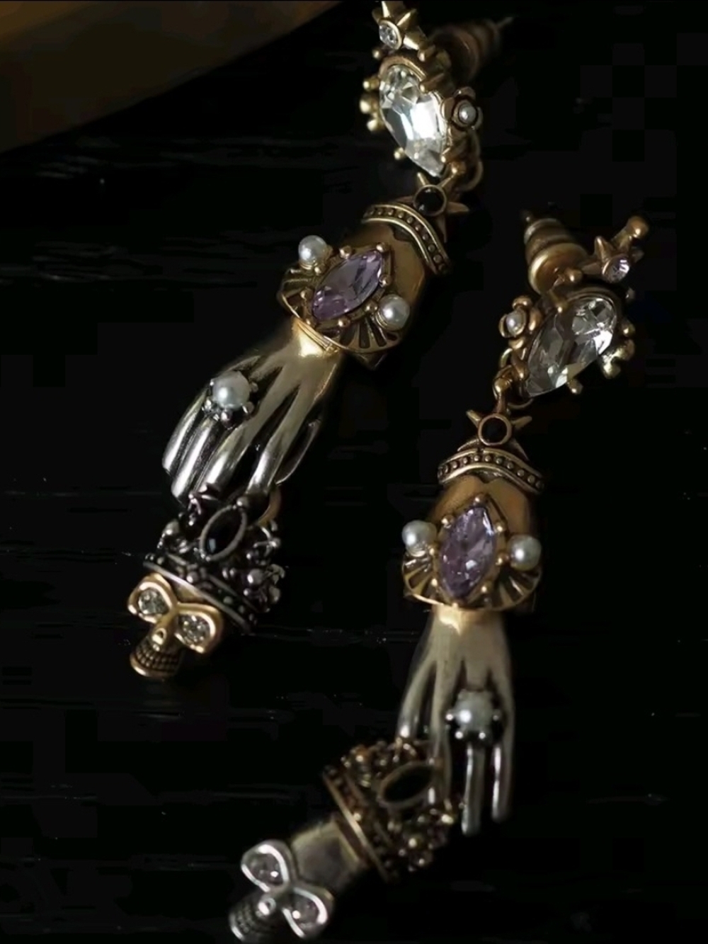 Gold and Silver Hand Drop Earrings with Purple and Clear Stones - Picture 5 of 9